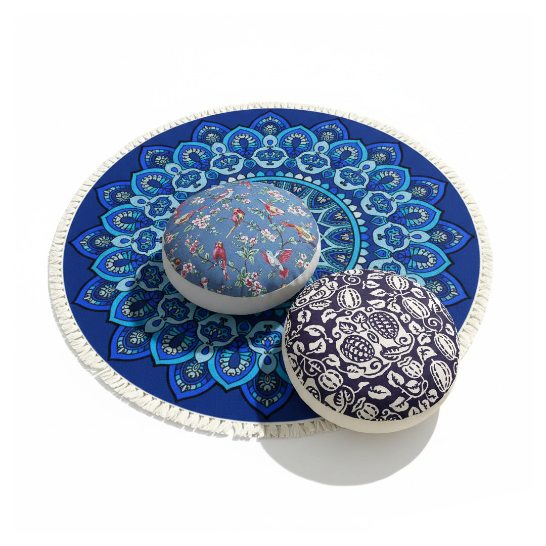SOGA Home & Living Bundle – Polyester-Cotton Pillows & Blue Mandala Round Carpet Decor