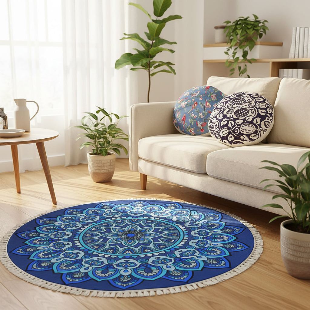 SOGA Home & Living Bundle – Polyester-Cotton Pillows & Blue Mandala Round Carpet Decor