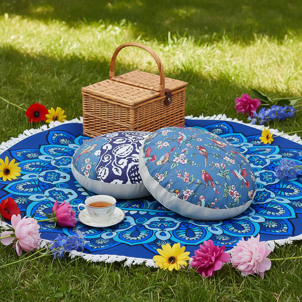 SOGA Home & Living Bundle – Polyester-Cotton Pillows & Blue Mandala Round Carpet Decor