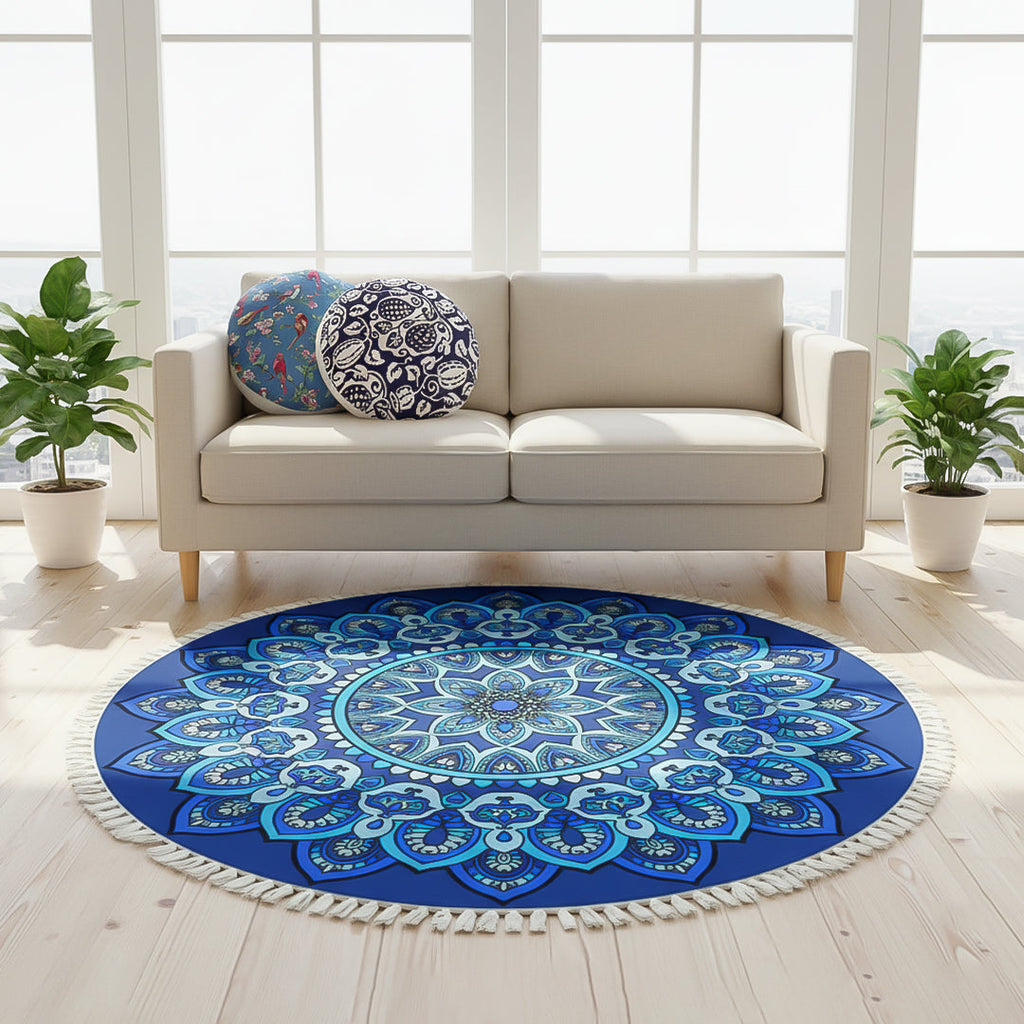 SOGA Home & Living Bundle – Polyester-Cotton Pillows & Blue Mandala Round Carpet Decor