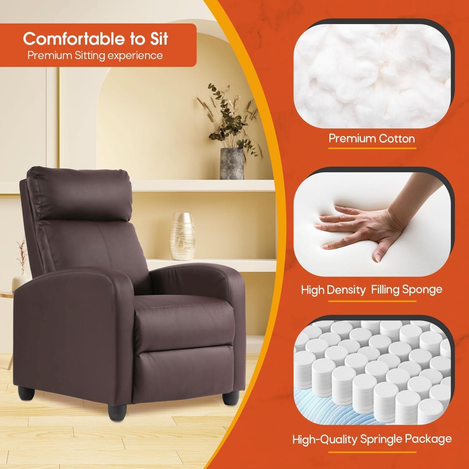 Recliner Chair Brown Adjustable Living Room Armchair