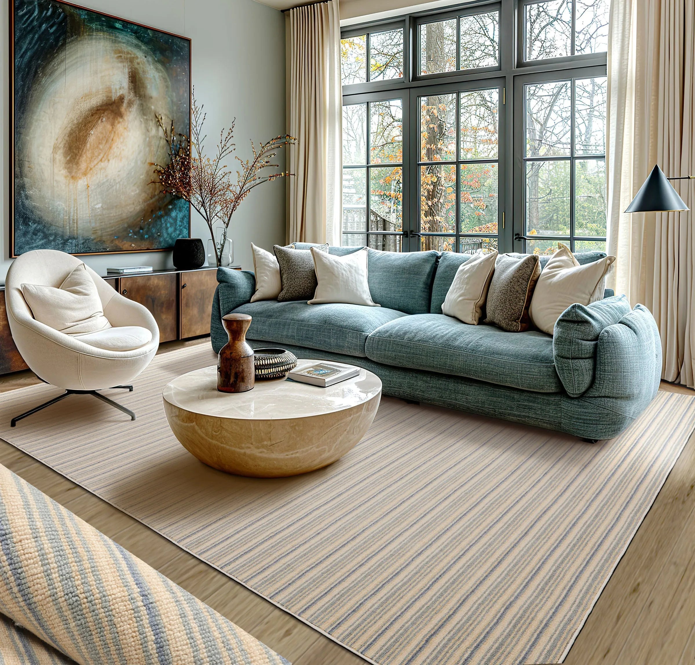 LoomBloom Multi Sizes Ivory Hand Woven Contemporary Striped 100% New Zealand Wool Oriental Area Rug