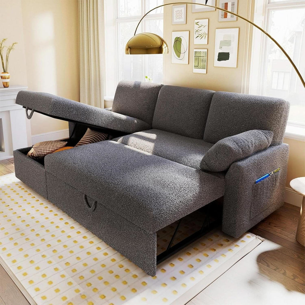Grey Boucle Upholstered Convertible Sofa Bed with Storage