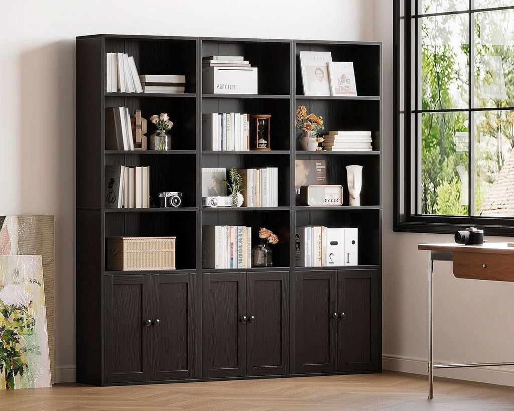 Black Six-Tier Floor-Standing Bookshelf with Doors