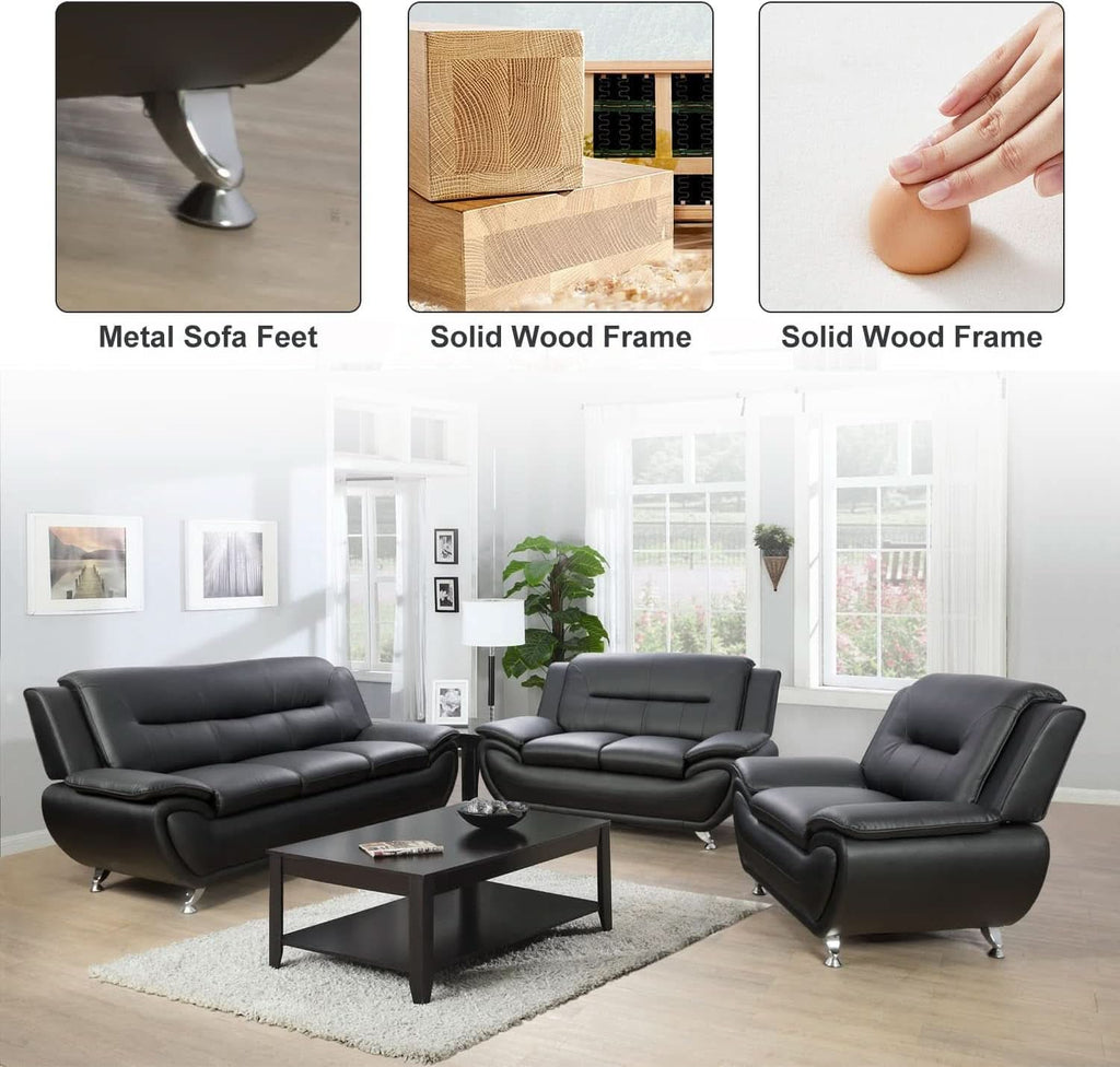 Leder Sofa und Loveseat Set für Wohnzimmer Schwarze Ledermöbel