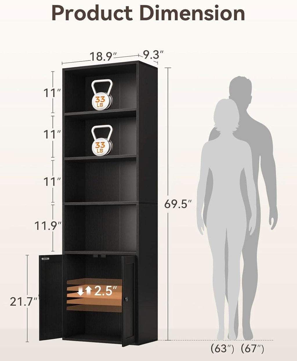 Black Six-Tier Floor-Standing Bookshelf with Doors