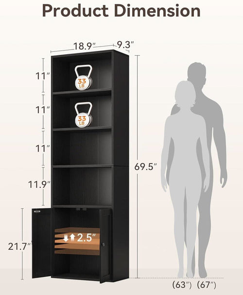 Black Six Tier Floor Standing Bookshelf With Doors