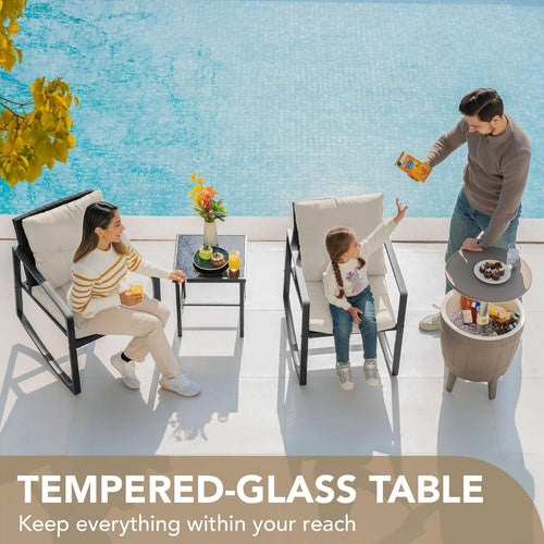 Beige 3 Piece Rocking Patio Bistro Set With Tempered Glass Coffee Table For Outdoor Furniture