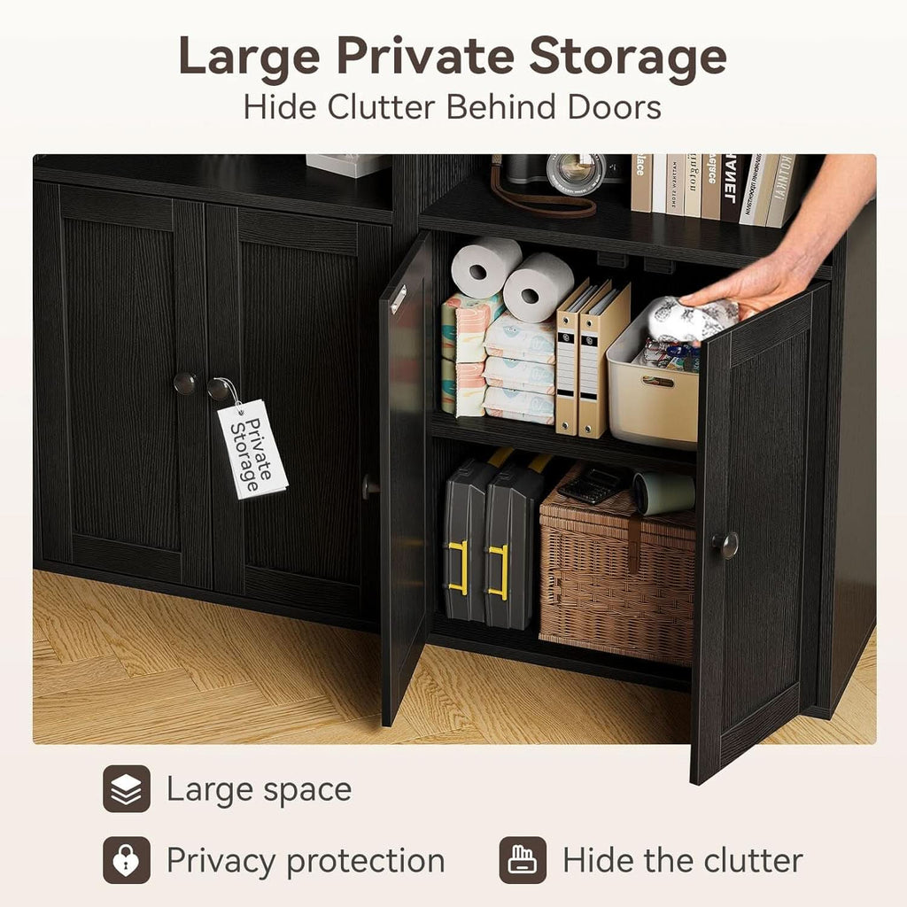 Black Six-Tier Floor-Standing Bookshelf with Doors
