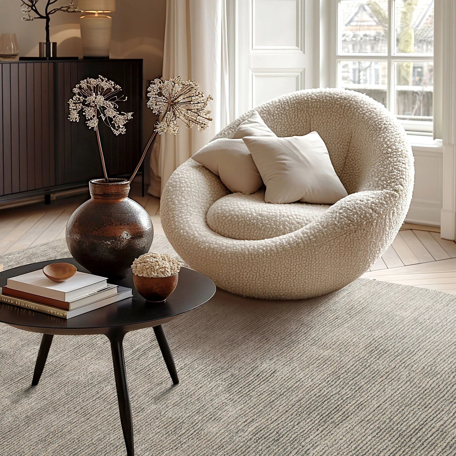 LoomBloom Multi-Size Beige Hand-Tufted Contemporary Textured Ribbed New Zealand Wool Oriental Area Rug