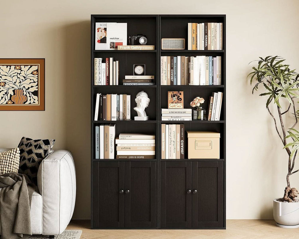 Black Six-Tier Floor-Standing Bookshelf with Doors