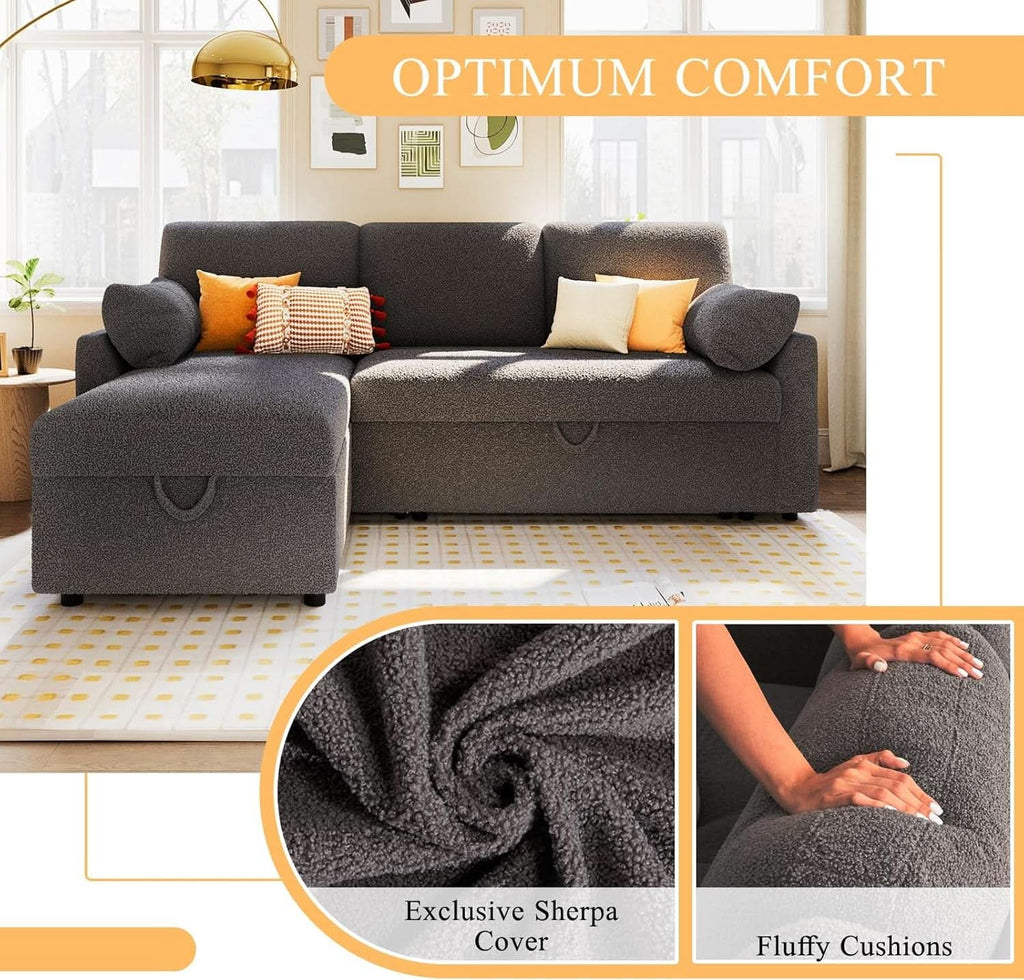 Grey Boucle Upholstered Convertible Sofa Bed with Storage