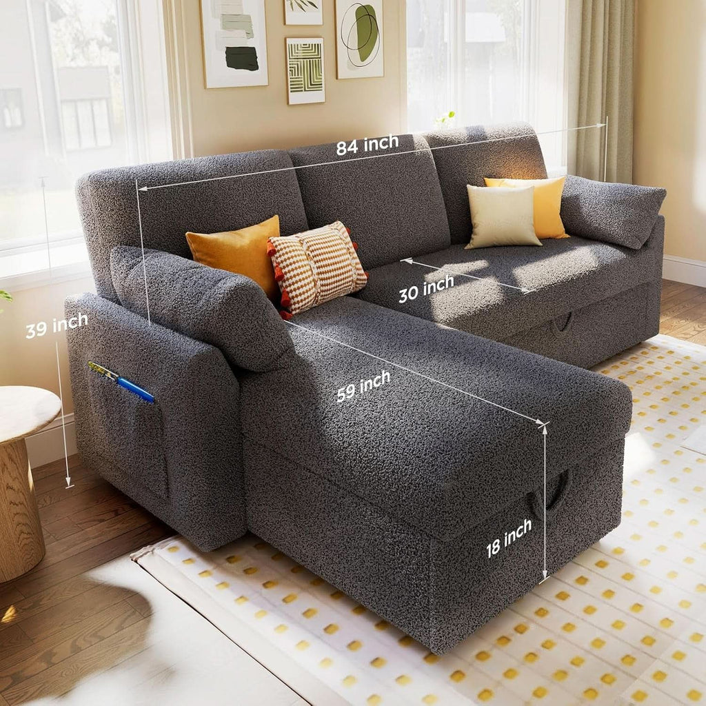 Grey Boucle Upholstered Convertible Sofa Bed with Storage