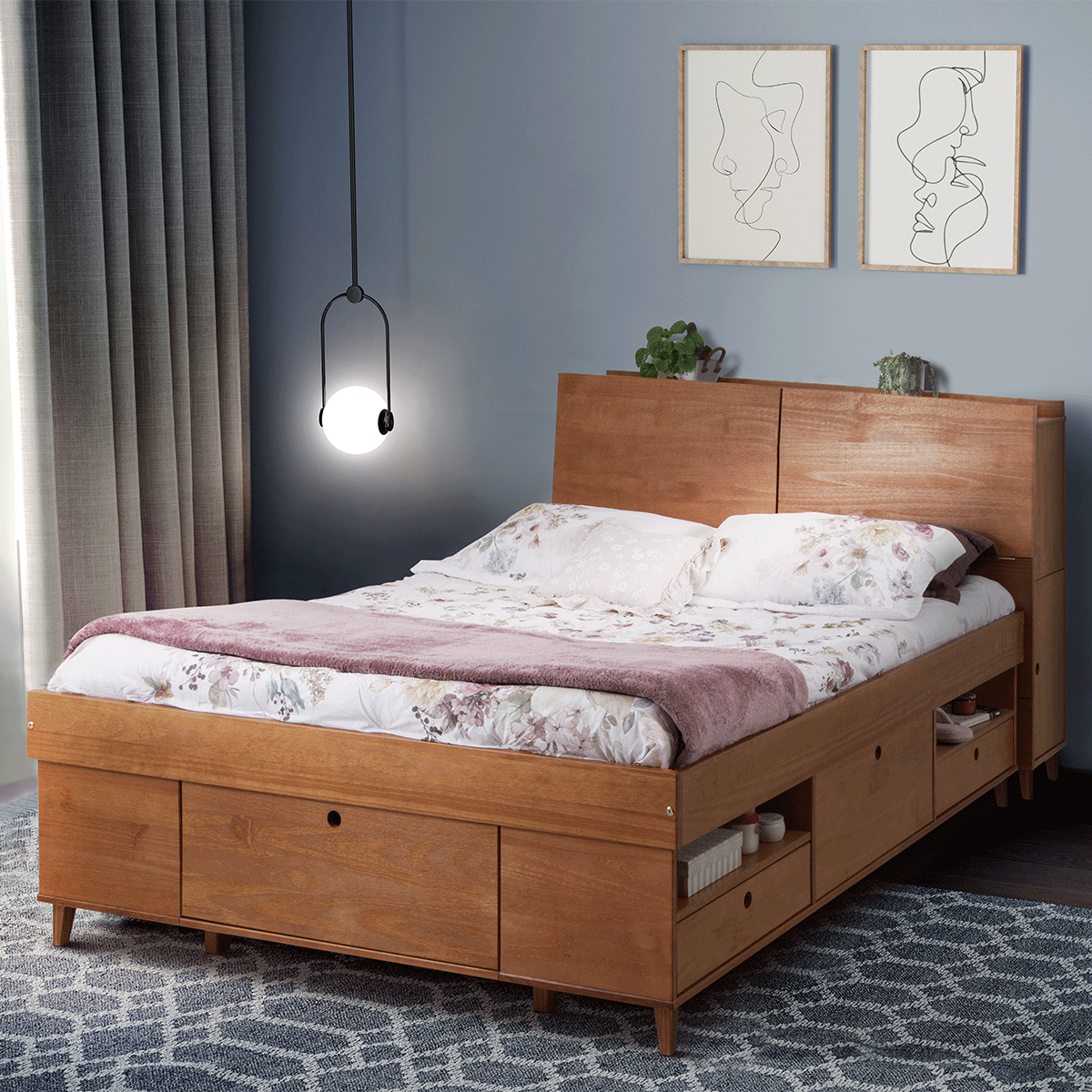 Set AMALFI: Bed with storage drawer + headboard with storage space