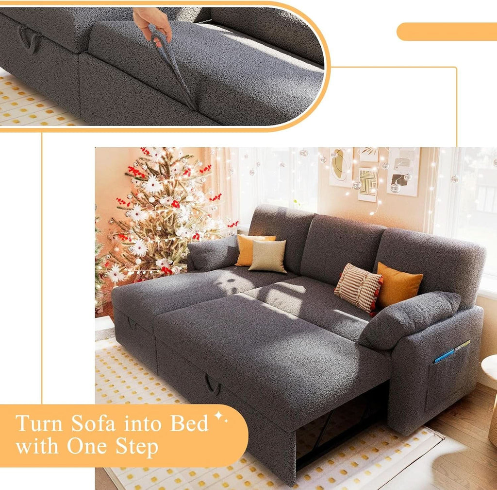 Grey Boucle Upholstered Convertible Sofa Bed with Storage