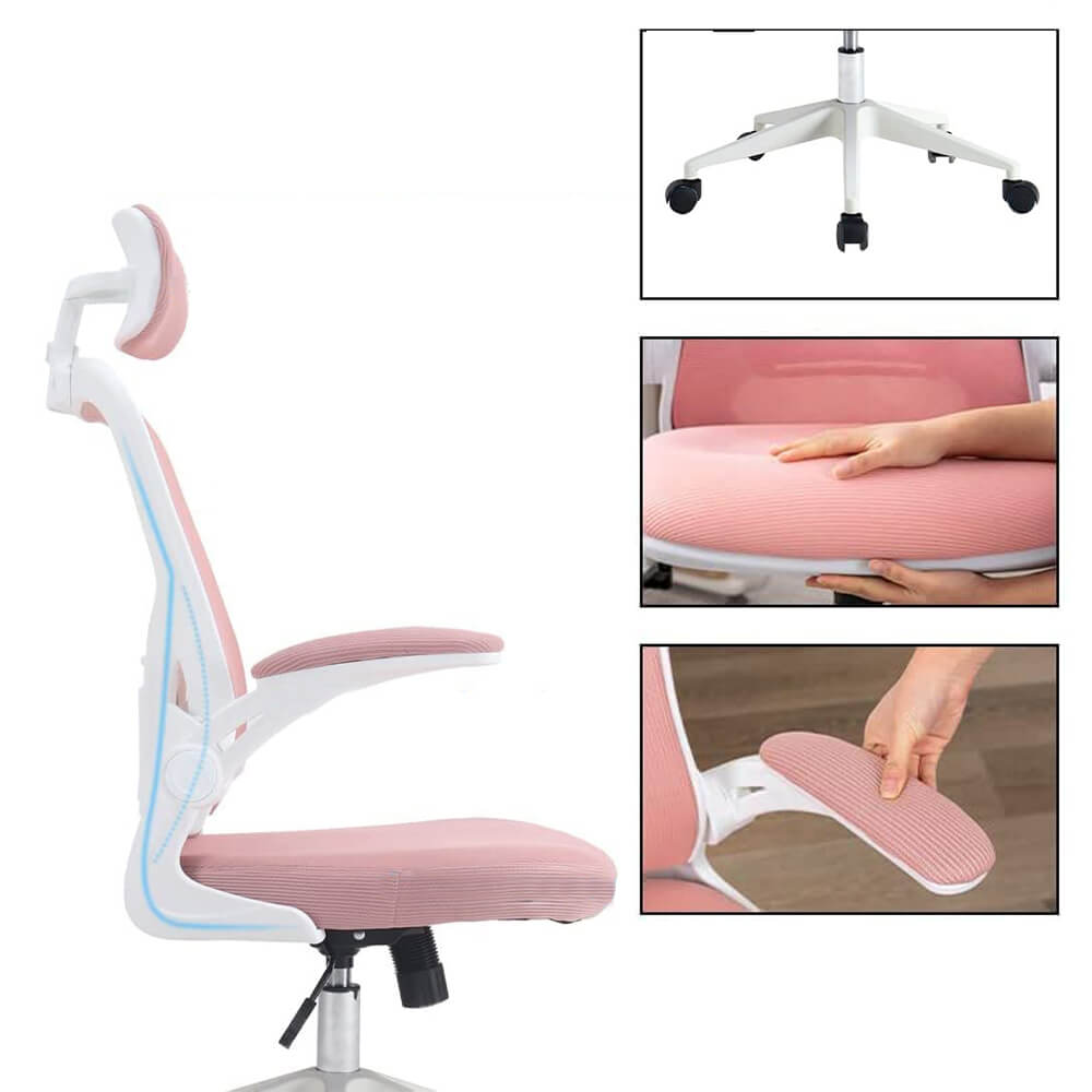 Ergonomic office chair with lumbar support and headrest, pink