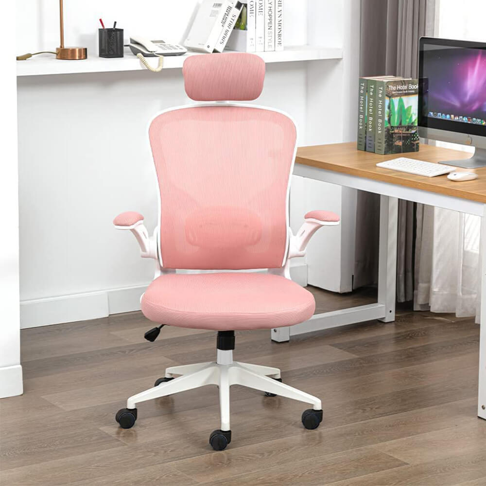 Ergonomic office chair with lumbar support and headrest, pink