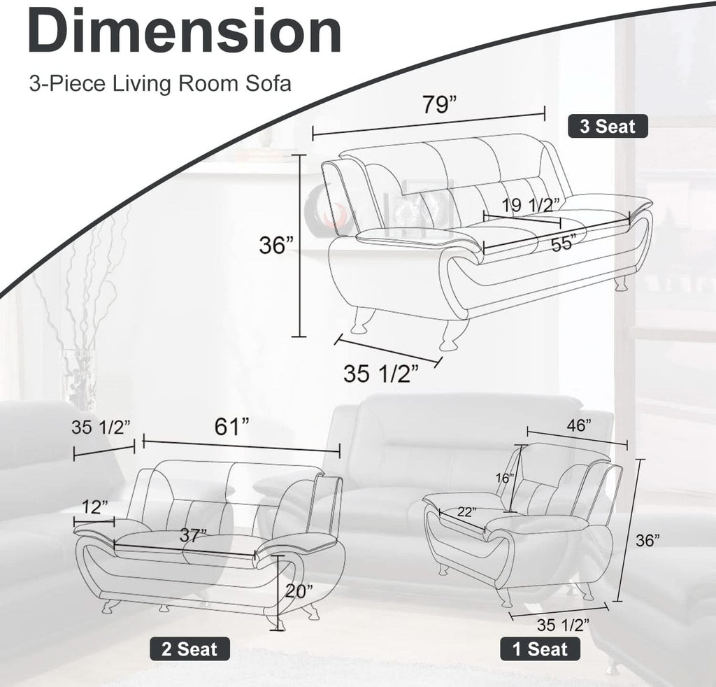 Leder Sofa und Loveseat Set für Wohnzimmer Schwarze Ledermöbel