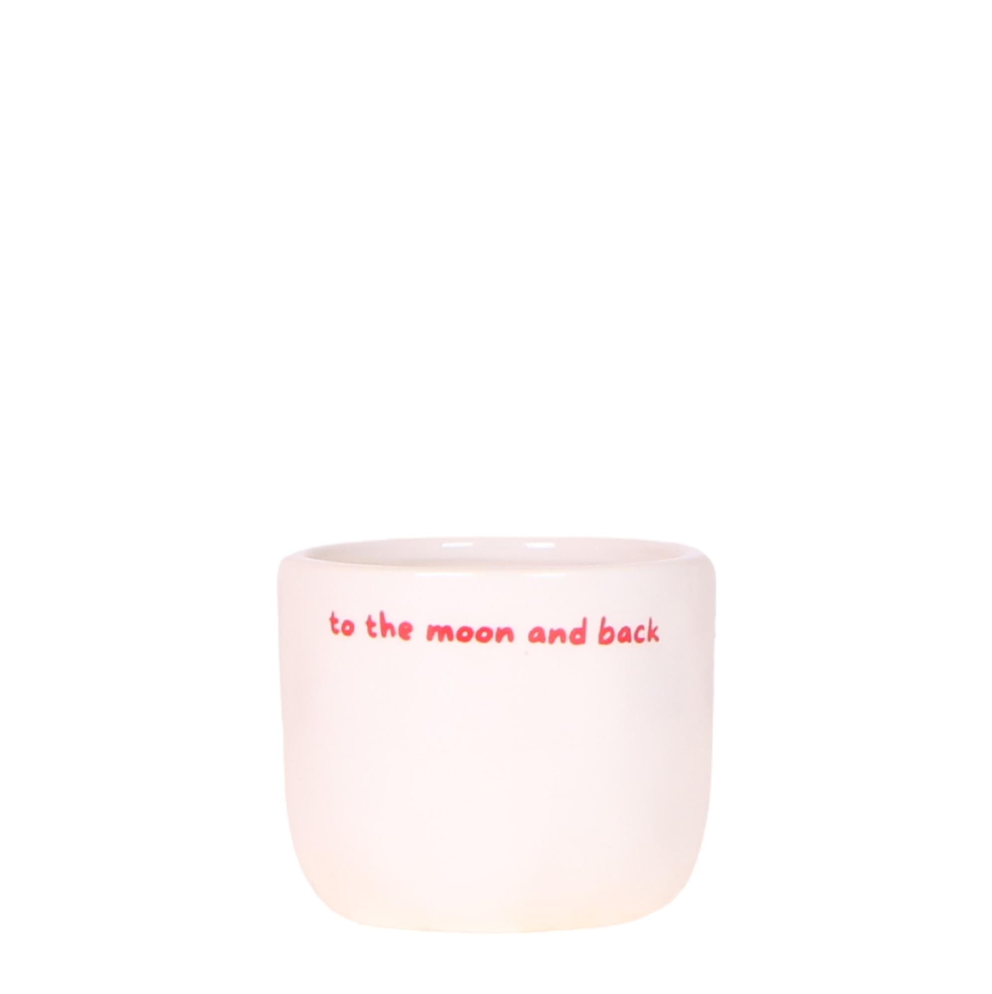 Ziertopf To the Moon and Back – Ø6cm – Weißer Keramiktopf mit rotem Schriftzug – Blumentopf als Geschenkidee für Lieblingsmenschen